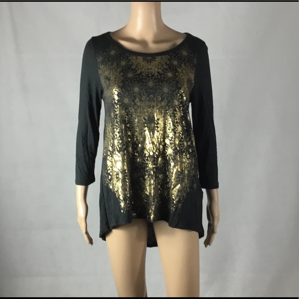 Lucky Brand Metallic Gold Floral Foil Hi-Lo Tunic